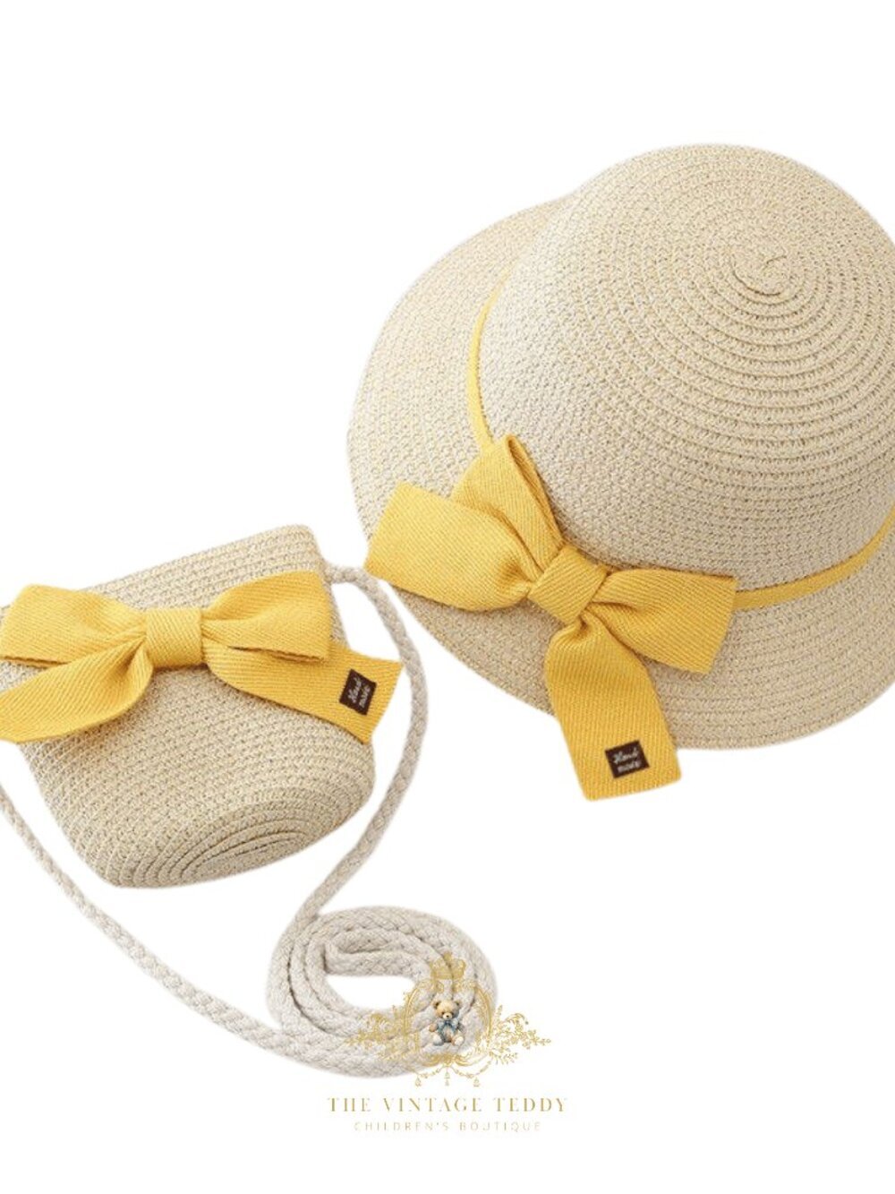 NWT Pretty Girls Straw Sun Hat & Matching Handbag Kids Accessories Bow Yellow OS